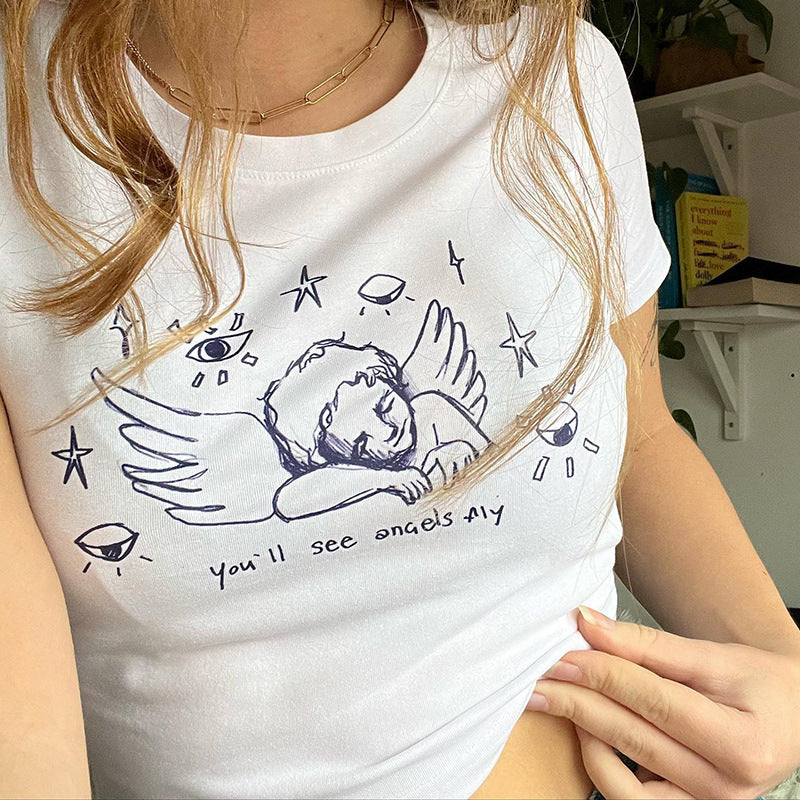 New Cute Angel Printed Short Sleeved T-shirt For Women
