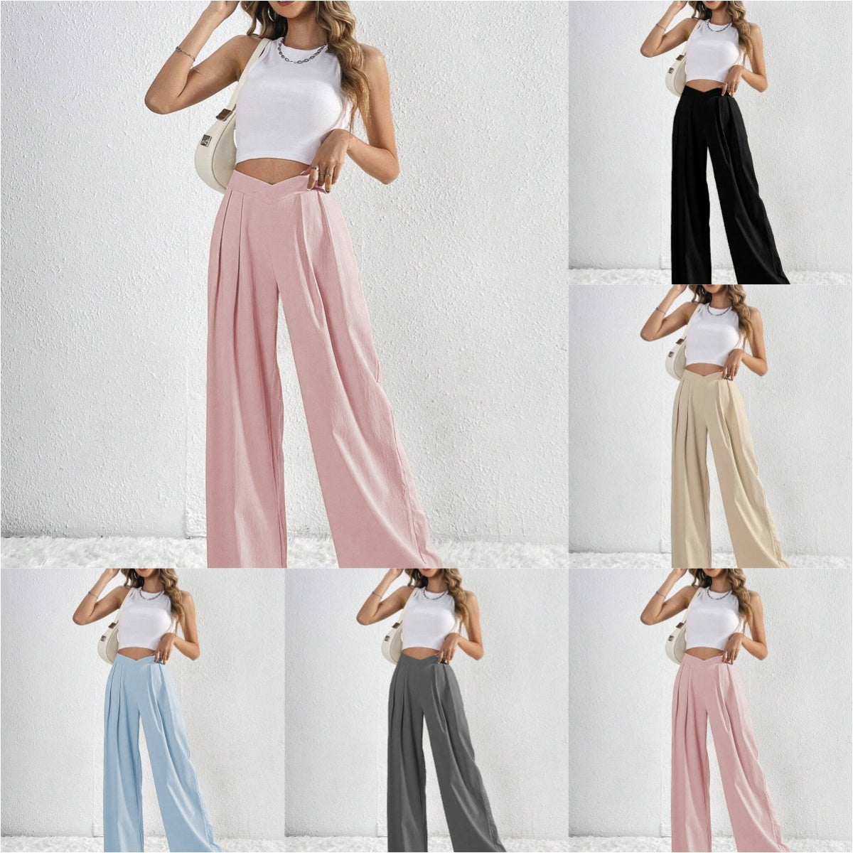 Women’s Pleated Wide-Leg Pants – Solid Color High-Waist Loose Casual Commuting Trousers