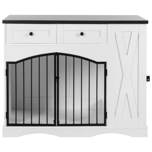 GO 43.3 Farmhouse Dog Crate Furniture, Heavy Duty Dog Crate With 3 Drawers, Indoor Wooden Dog Kennel With Removable Feeder, Dog Cage End Table For Medium Large Dogs, White