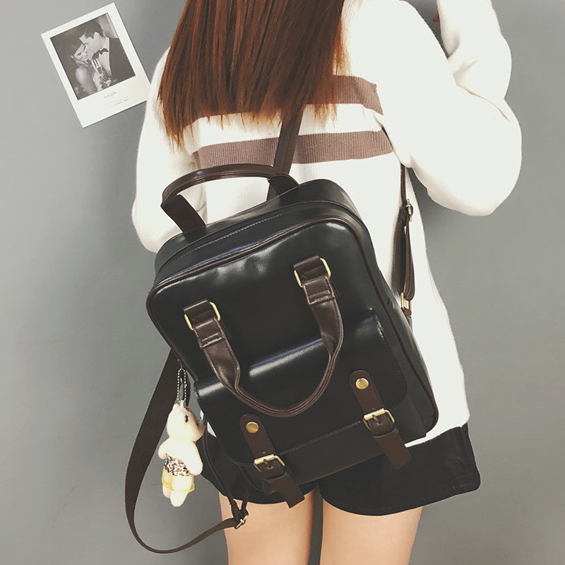 Women's PU Leather Backpack Retro Plain Campus Style