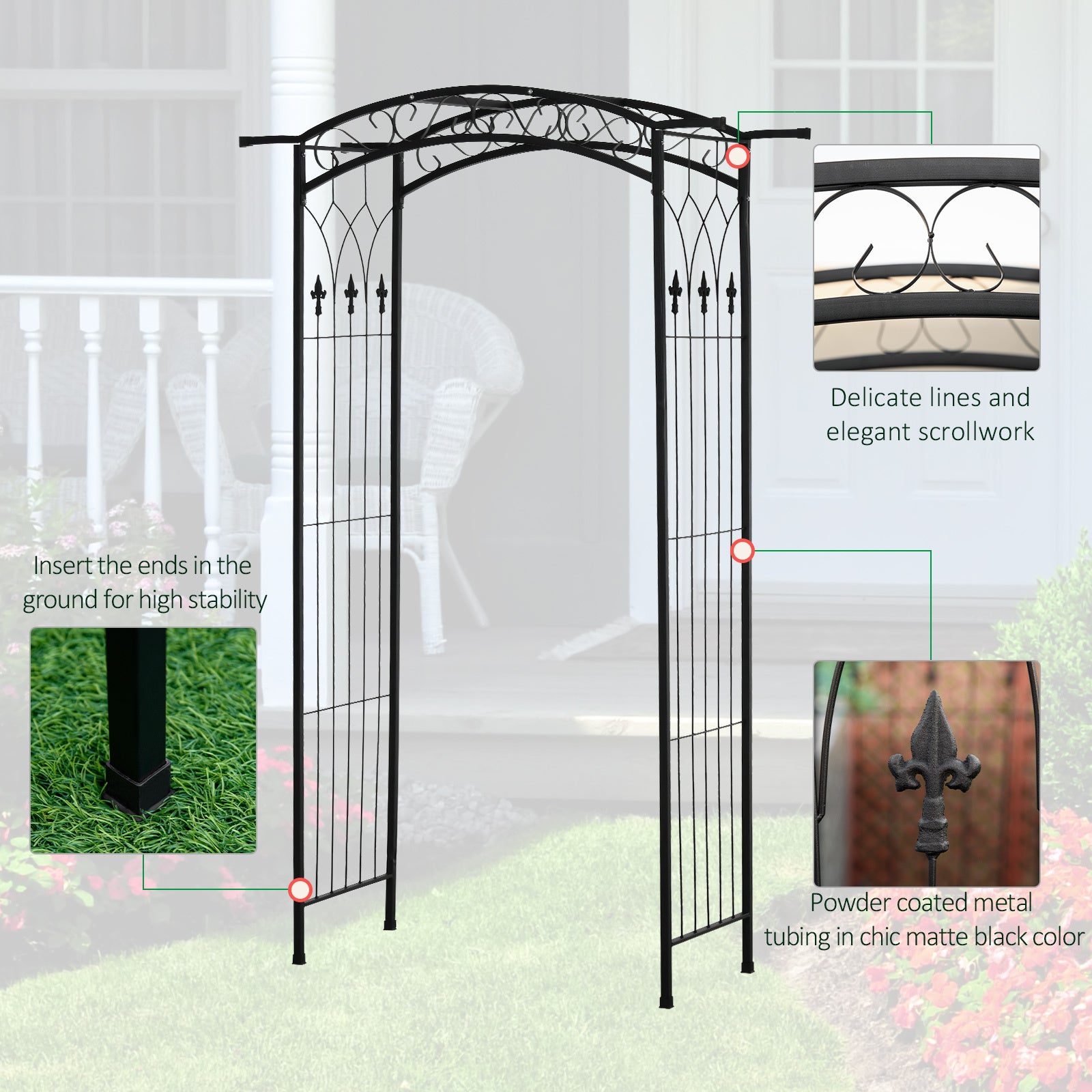 7Ft Metal Garden Arch, Functional Support, All-weather Resistance, Top Extension Bar, For Wedding, Party, Ceremony, Black