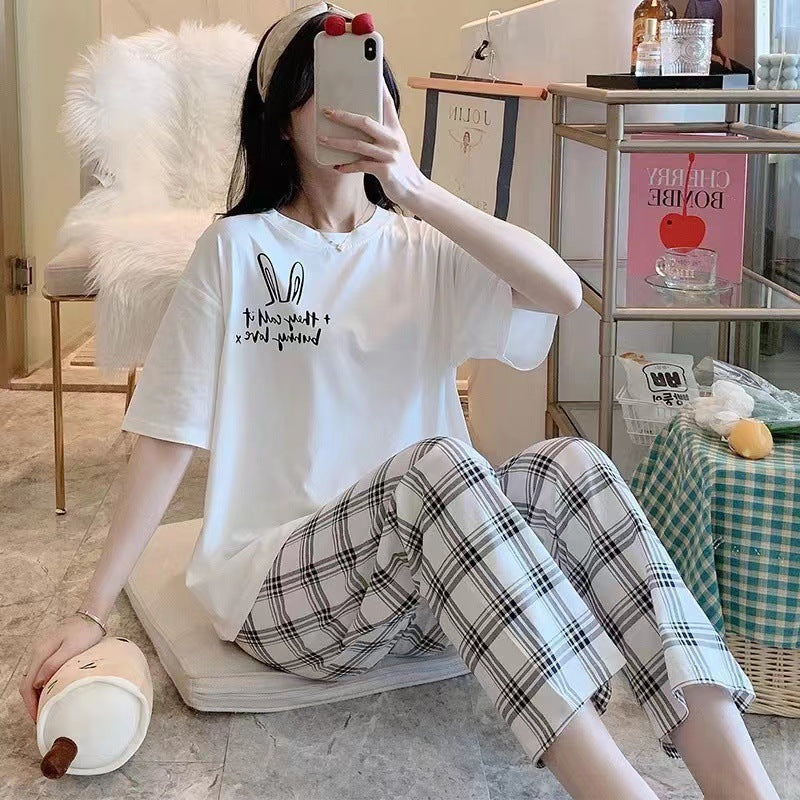 Female Summer Short Sleeve Trousers Casual Homewear Suit