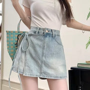Fake Two-Piece Denim Shorts – Summer A-Line High Waist Irregular Style