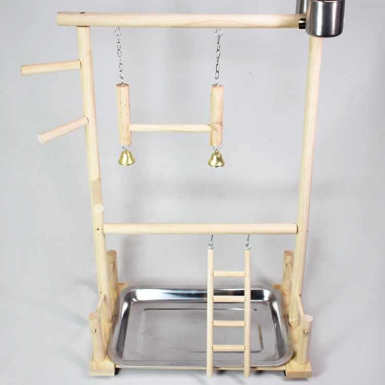 Solid Wood Bird Swing and Climbing Ladder with Double-Layer Stainless Steel Food Bowls – Parrot Playground Perch Toy