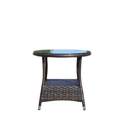 Brown Rattan Outdoor Patio Round Coffee Table with Clear Tempered Glass Top