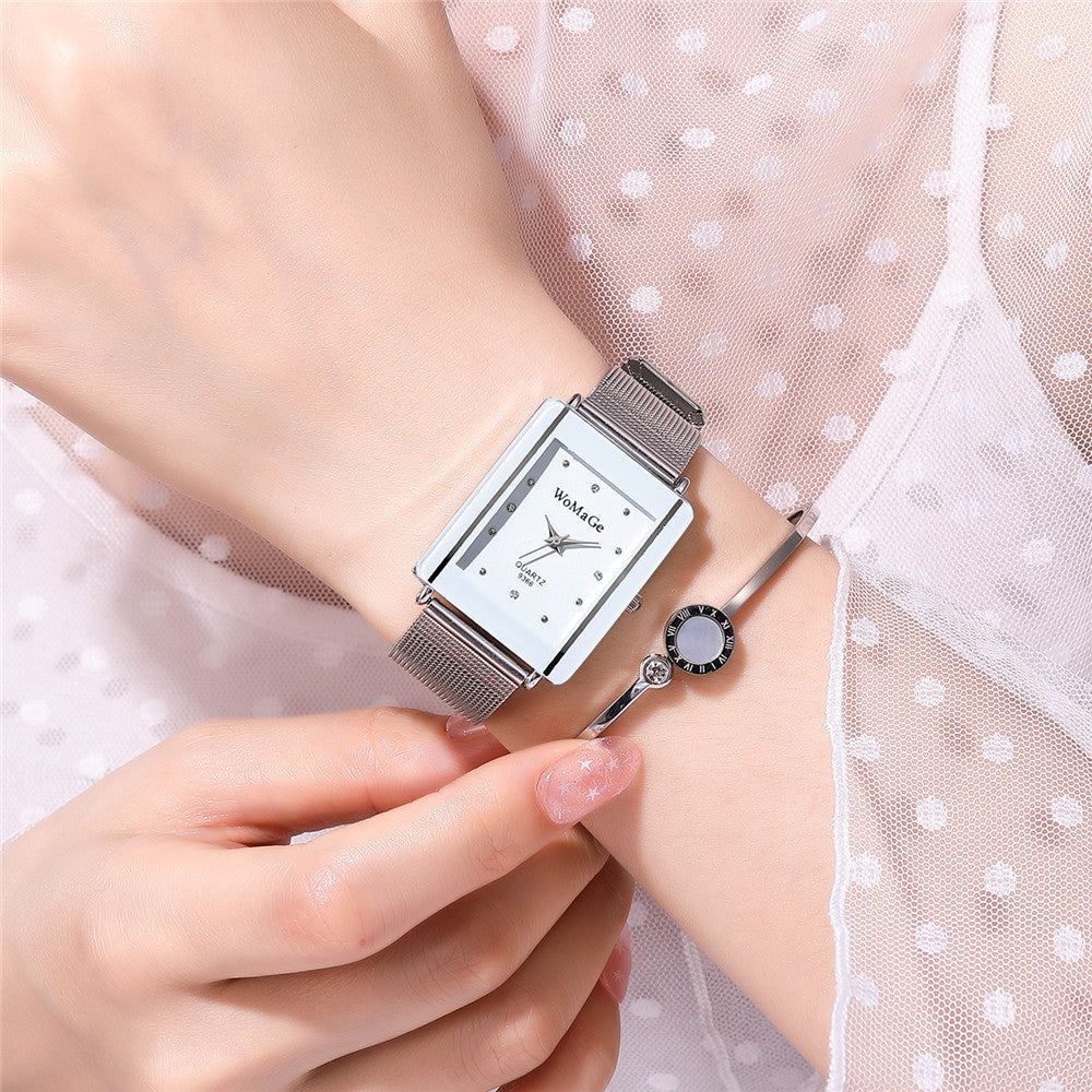 Fashion Simple Style Rectangular Dial Couple Watch – White & Black, 9mm Thickness