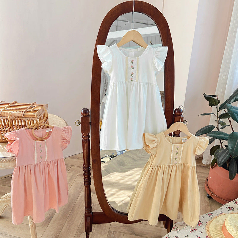 Children's Clothing Lace Flower Embroidery Girl's Dress Sweet Cotton Girl Short Sleeve Skirt