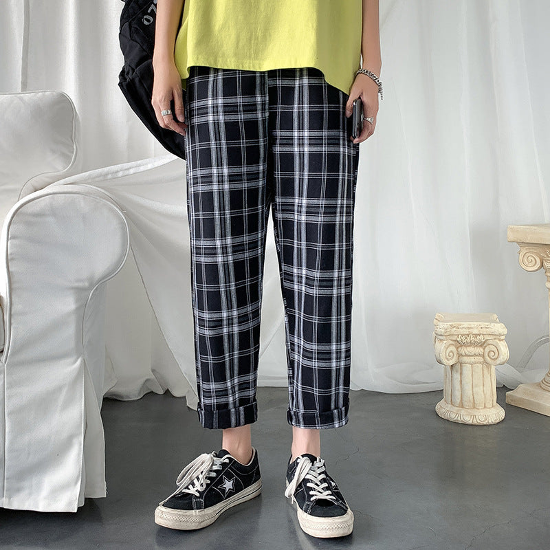 Men’s Loose Plaid Cargo Pants – Summer Straight Ankle-Length Leisure Trousers