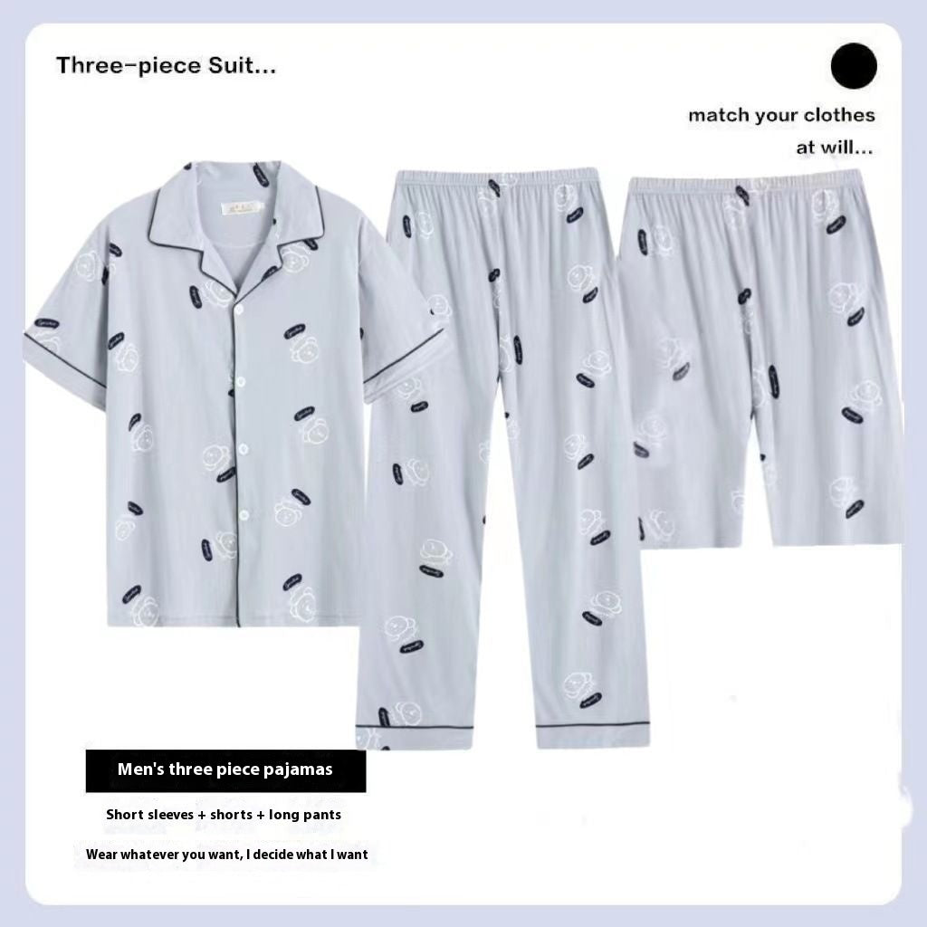 Three-piece Pajamas Men's Summer Pure Cotton Short Sleeve Trousers Suit