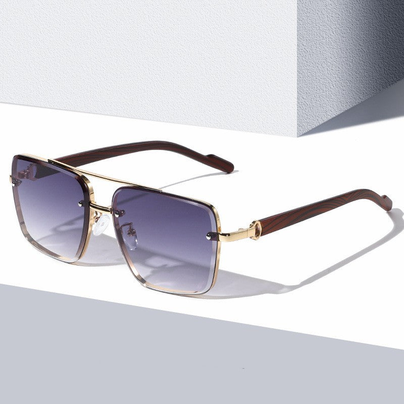 Metal Double Beam Frame Wood Grain Sunglasses