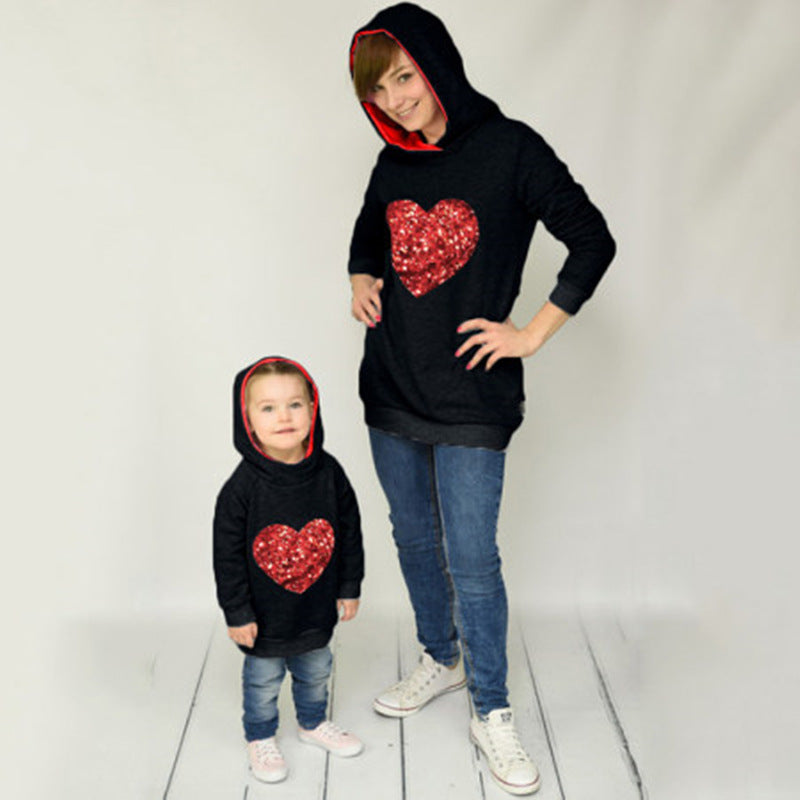 Sequined Heart-shaped Hooded Parent-child Women's Sweater