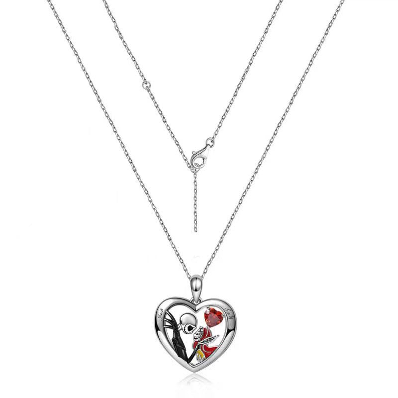 Halloween Heart-Shaped Skull Necklace – Rhinestone Couple Clavicle Pendant Jewelry for Men and Women