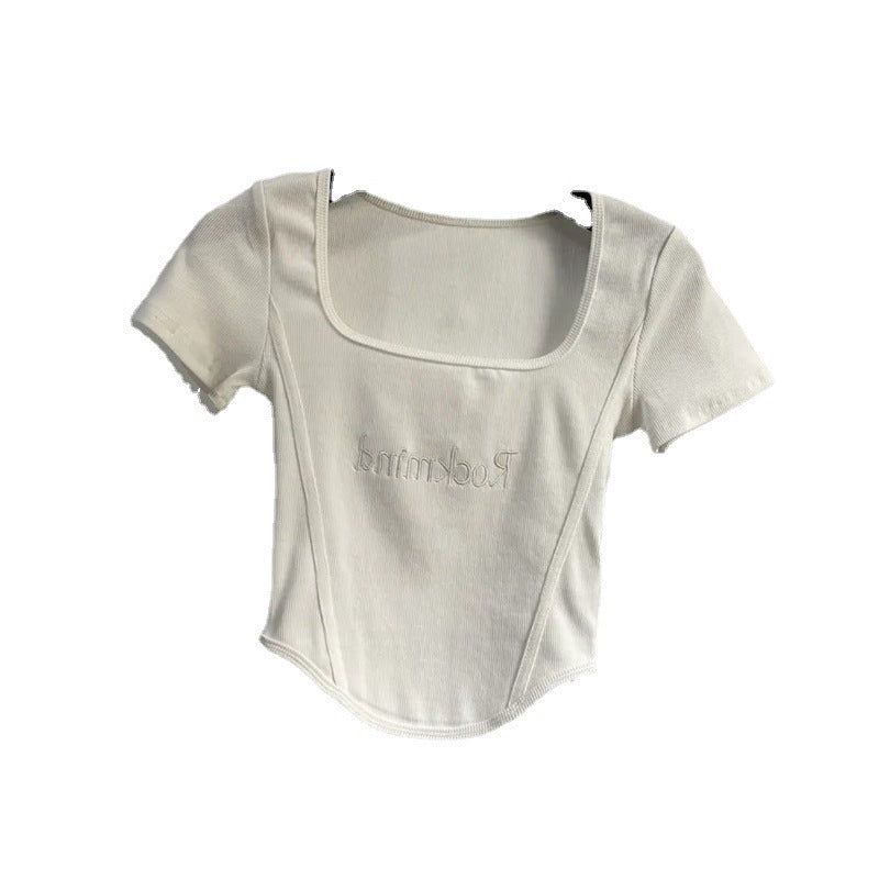 Hot Girl Short High Waist Crop Top Women's Summer Sexy Tight Curved Hem Short Sleeve T-shirt
