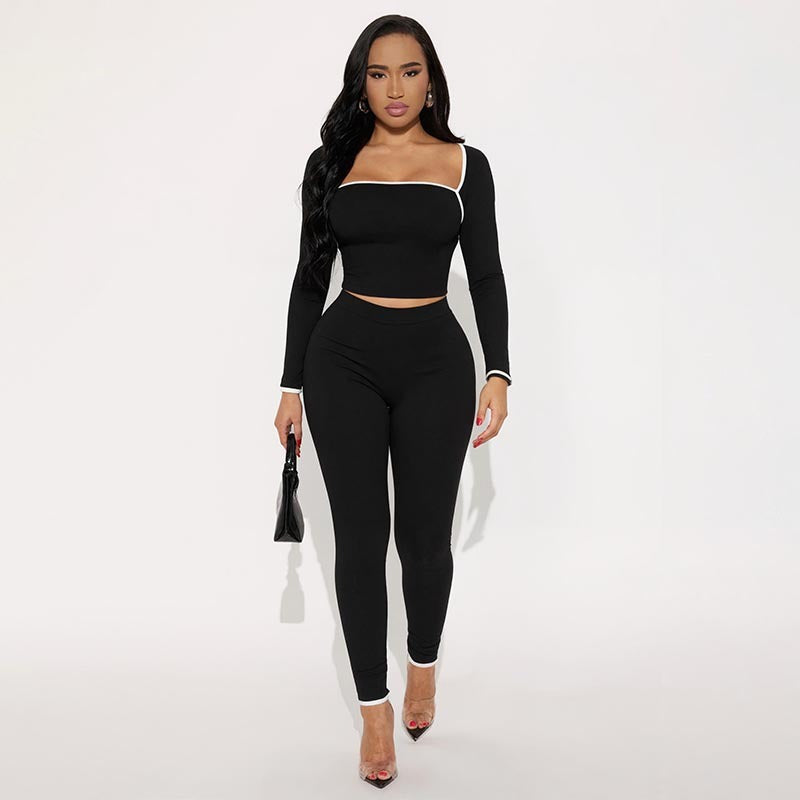 Unisex Slim Polyester Stripe Long Sleeve Top Trousers Suit