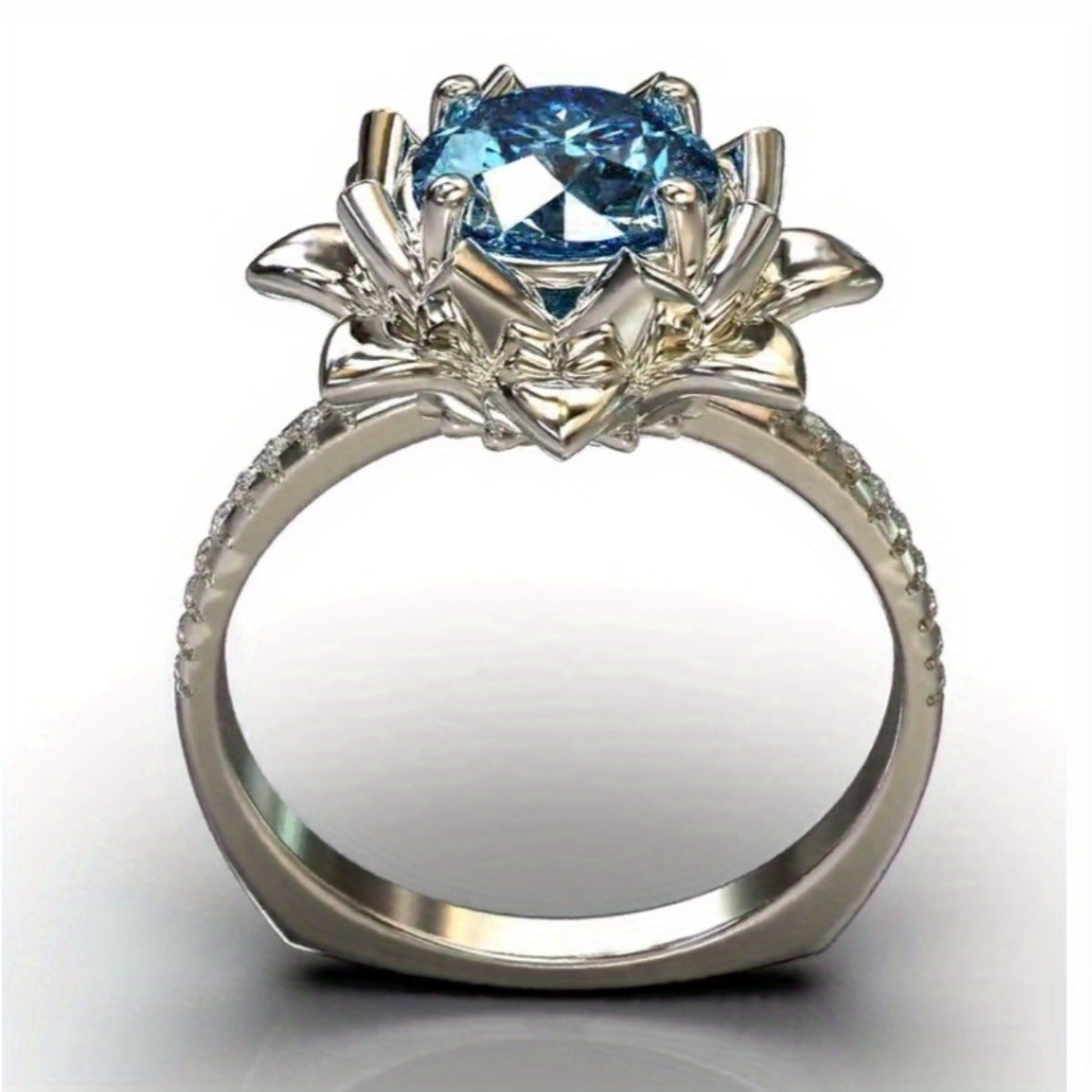 Elegant Silver Electroplated Copper Lotus-Shaped Engagement and Wedding Ring for Women