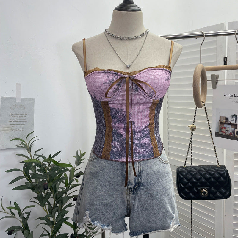 Vintage Ink Painting With Chest Pad Short Lace Up Tube Top For Women
