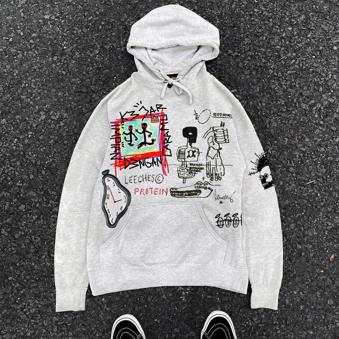 Cartoon Line Draft Graffiti Retro Preppy Style Heavy Hoodie For Men And Women
