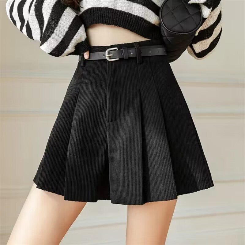 Women’s Corduroy Pleated Shorts – Slim Casual Wide-Leg, High-Waist