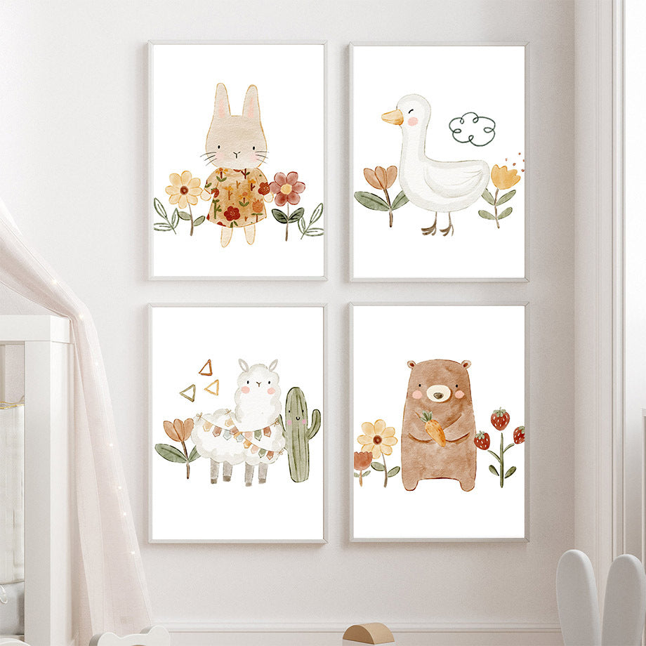 Bohemian Nursery Wall Art – Cartoon Bear, Rabbit, Alpaca, Rainbow & Sun Canvas Painting