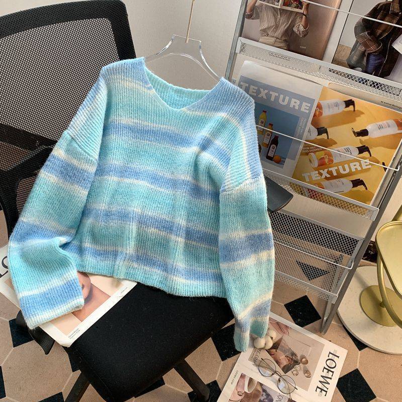 Dopamine Color Stripes Collar Sweater Women