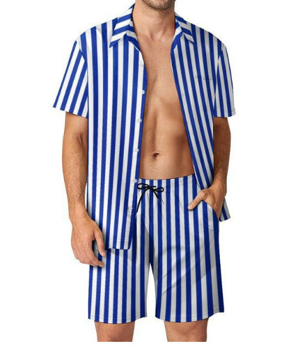 Men's Striped Beach Short Sleeved Shorts Set