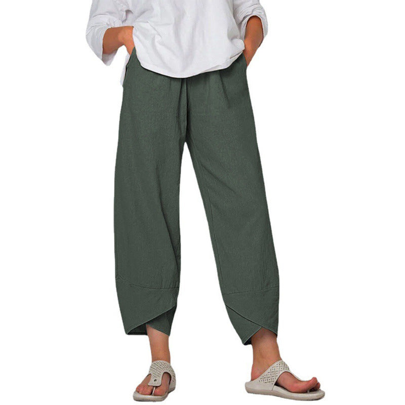 Women’s Cotton & Linen Wide-Leg Pants – Solid Color High-Waist Loose Casual Trousers