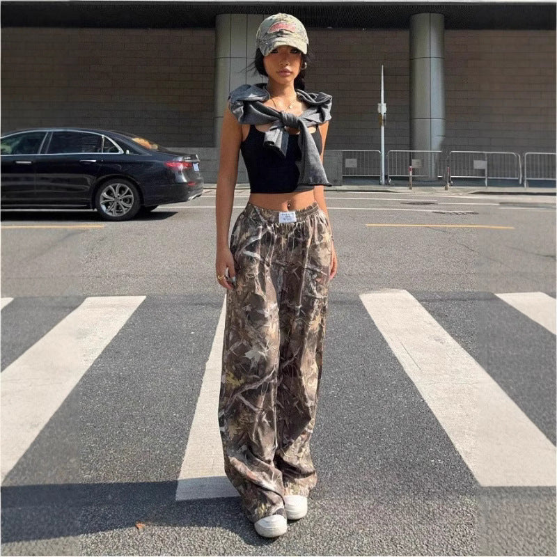 High Waist Loose Fit Branch Pattern Pants – Comfortable Casual Style