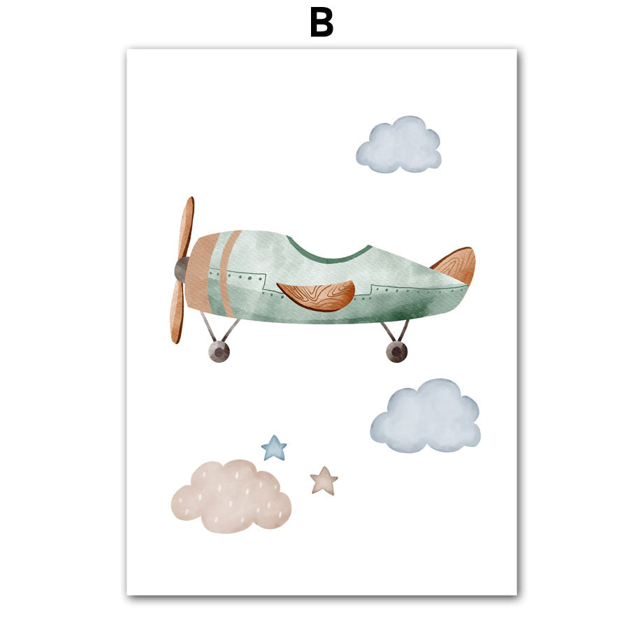 Children’s Room Wall Art – Cartoon Aircraft, Spaceship & Mountain Canvas Print