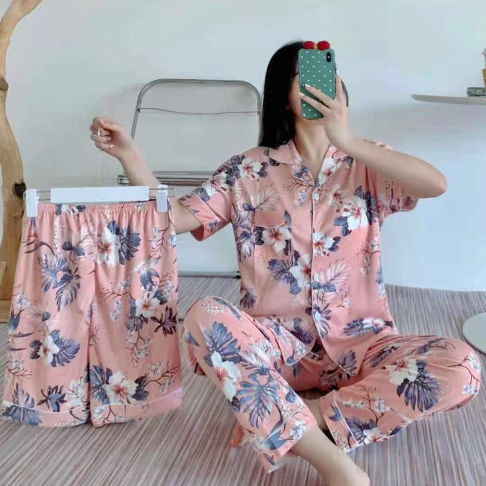 Women's Fruit Print Milk Silk Pajama Set Short Sleeve