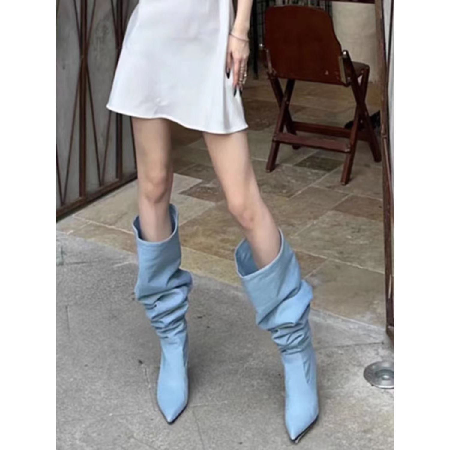 Pointed Toe Women's Stiletto Denim High Heel Below The Knee Boots