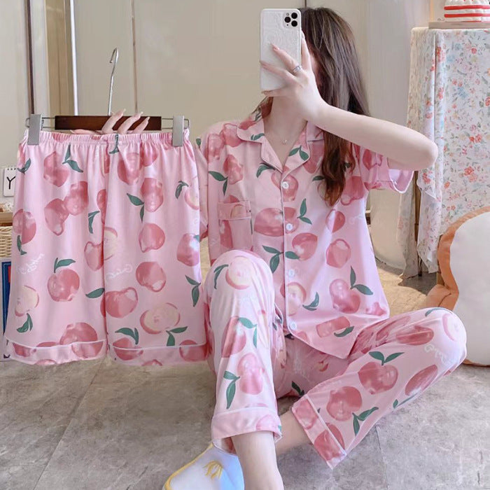 Women's Fruit Print Milk Silk Pajama Set Short Sleeve