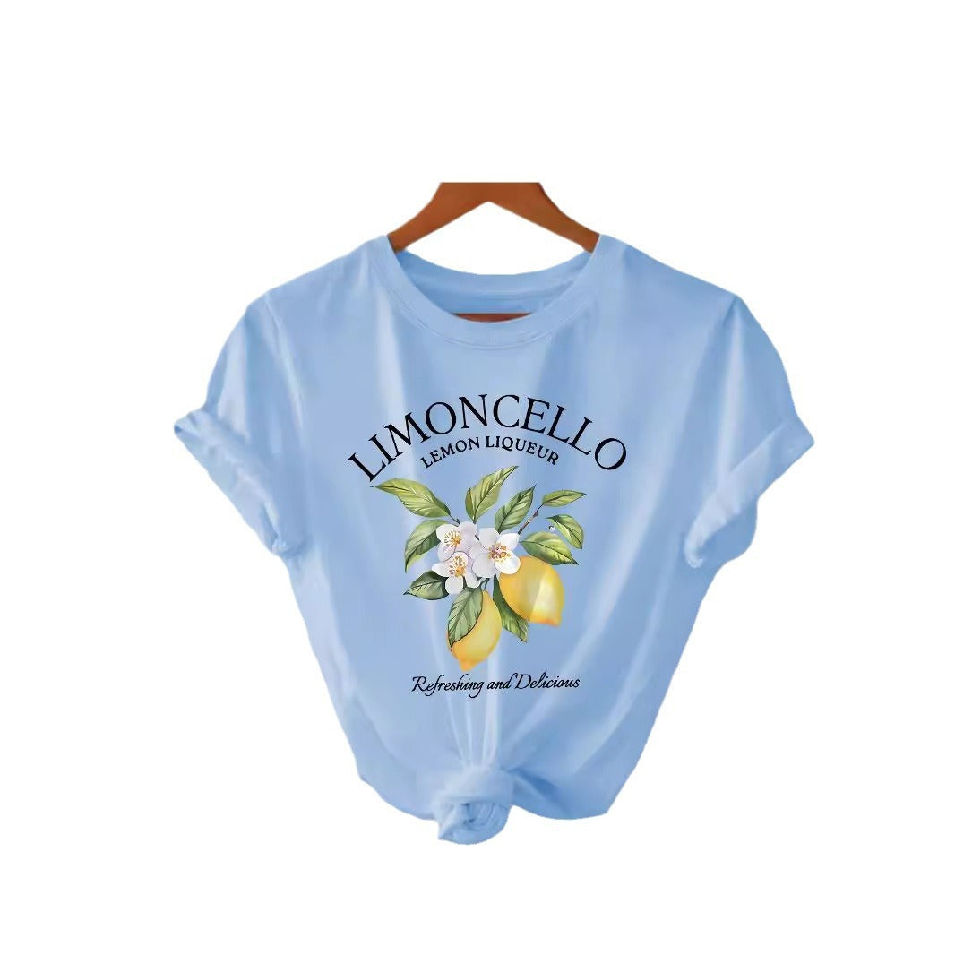 European And American Round Neck Lemon T-shirt For Women
