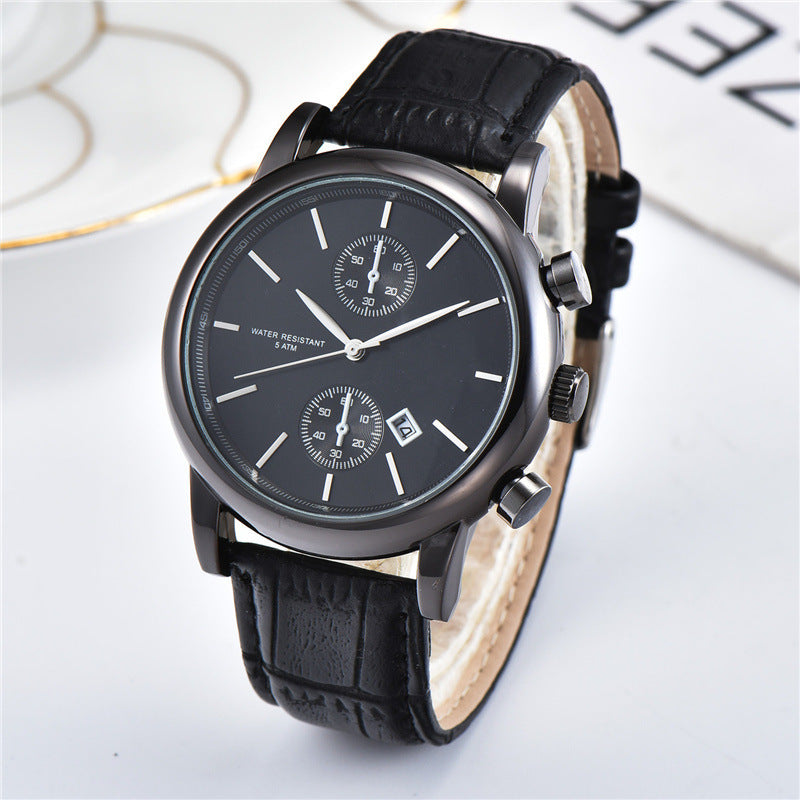 Slim Quartz Watch With Imitation Leather Strap Mens
