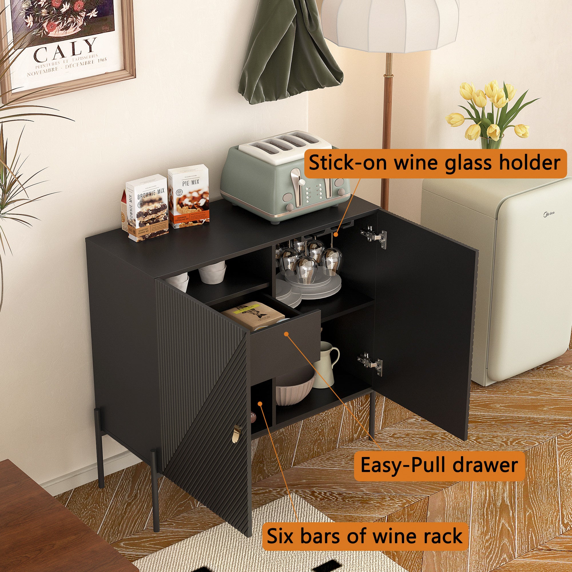 Sideboards Buffets Cabinet – Home Coffee Bar Cabinet with Drawers, 2 Cabinets, and 6-Bottle Wine Rack