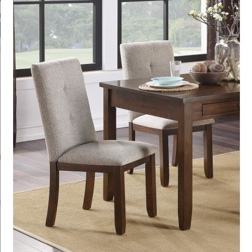 Set of 2 Chenille Upholstered Dining Chairs with Dark Cherry Wood Frame and Tufted Back