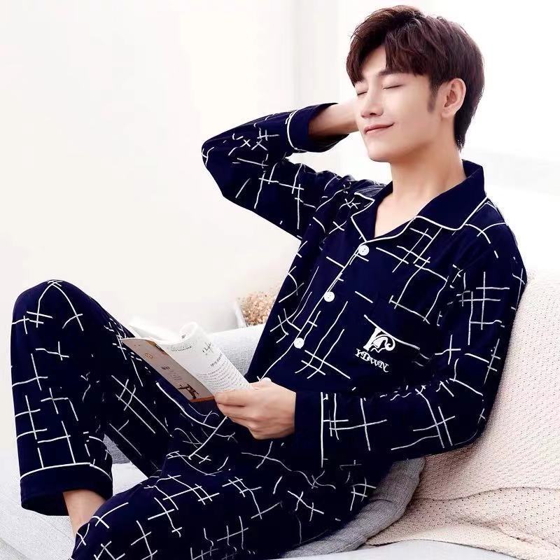 Cotton Pajamas Men's Long Sleeve Plaid Casual Oversize Home Clothes Suit
