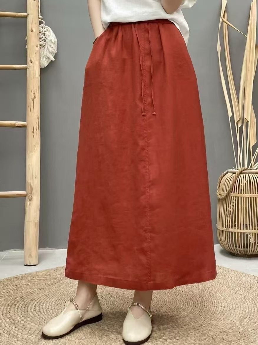 Women’s Linen Long Skirt – Solid Color Elastic Waist Maxi Skirt