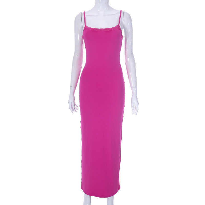 Women's Summer New Solid Color Casual Lace Backless Strap Slim Long Dress