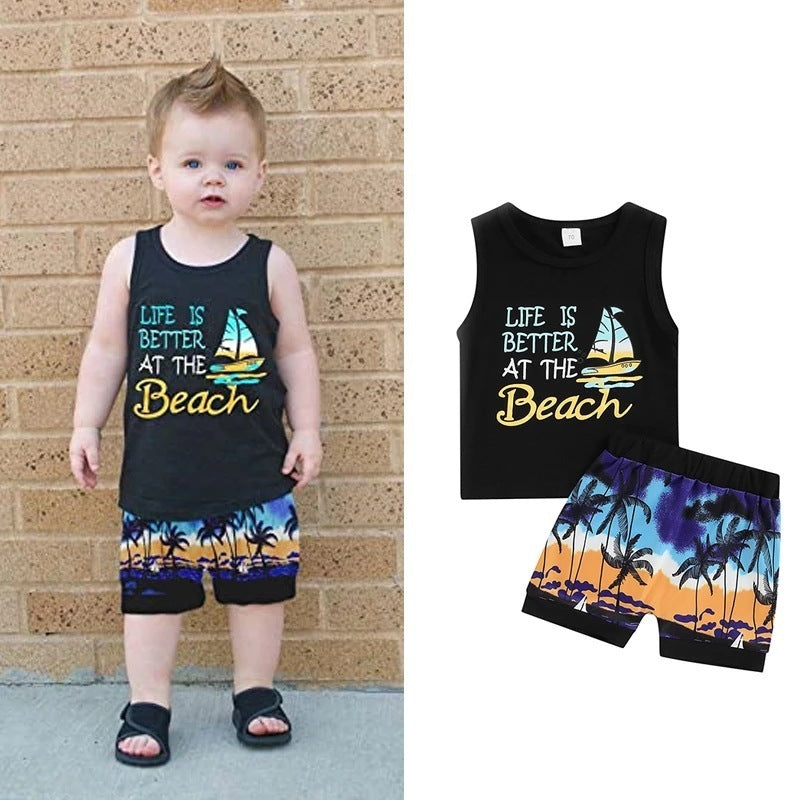 Boys Summer Seaside Vacation Style Coconut Tree Beach Suit