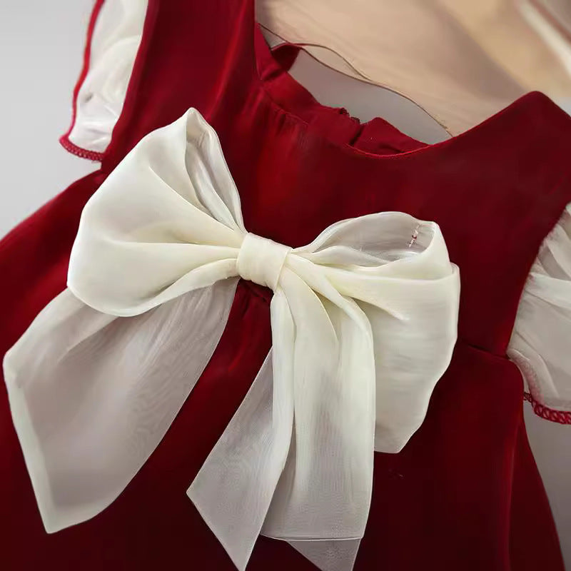 Summer Solid Color Twilight Yarn Korean Style Color-blocking Bow Flounced Sleeve Princess Dress