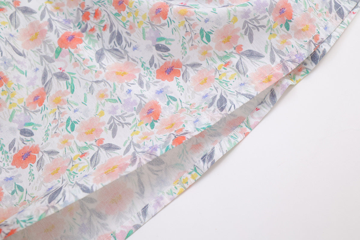 Girls Cotton Floral Dress Pastoral Style Puff Sleeve