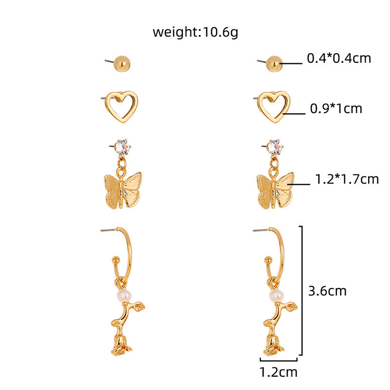 Butterfly rose 4-piece set earrings with studs