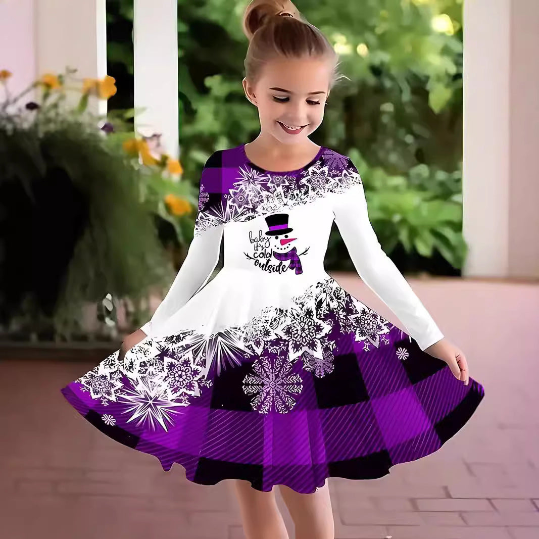 Girl's Long-sleeved Dress Christmas Deer