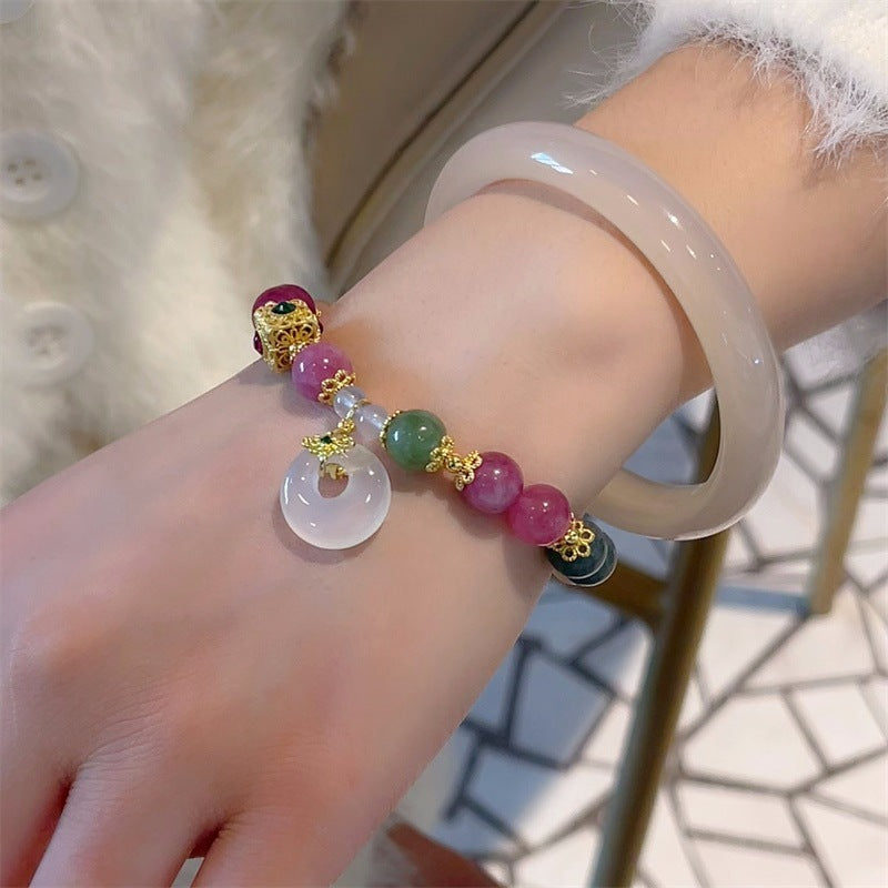 Dopamine Chalcedony Bracelet Peace Buckle Rings Vintage French Gold Accessories