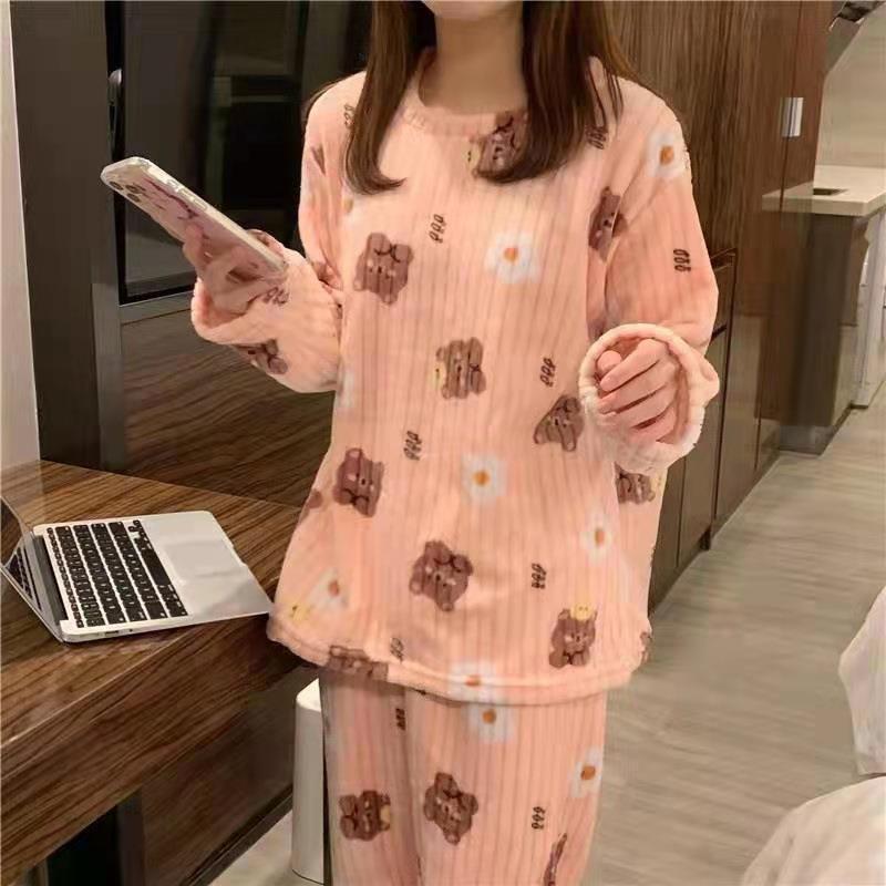 Bear Print Coral Velvet Pajamas Suit