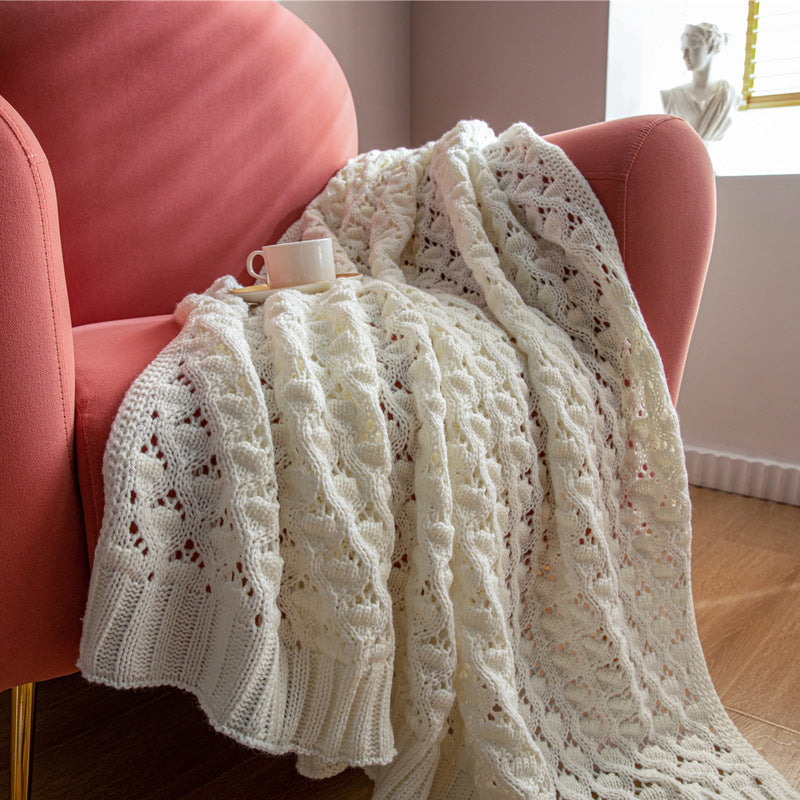 Nordic Style Solid Color Chenille Acrylic Knitted Diamond Hole Sofa Blanket
