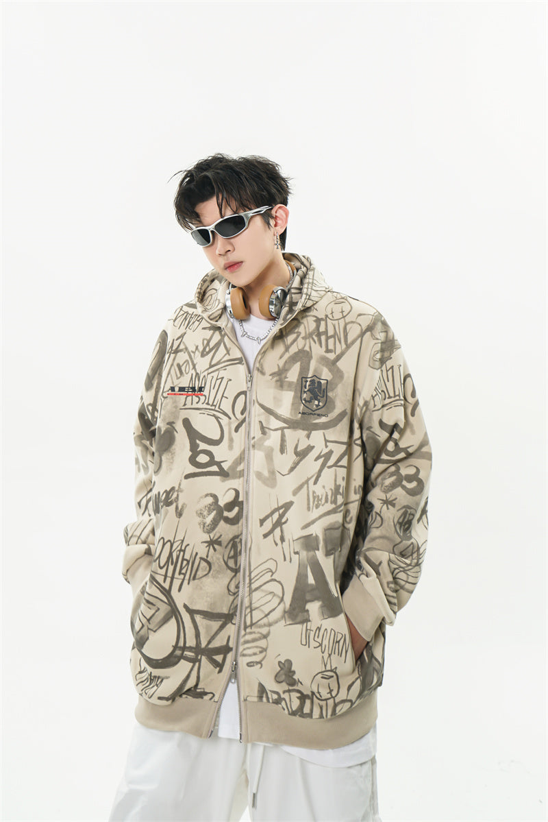 Printed Hoodie Men Covered With Graffiti