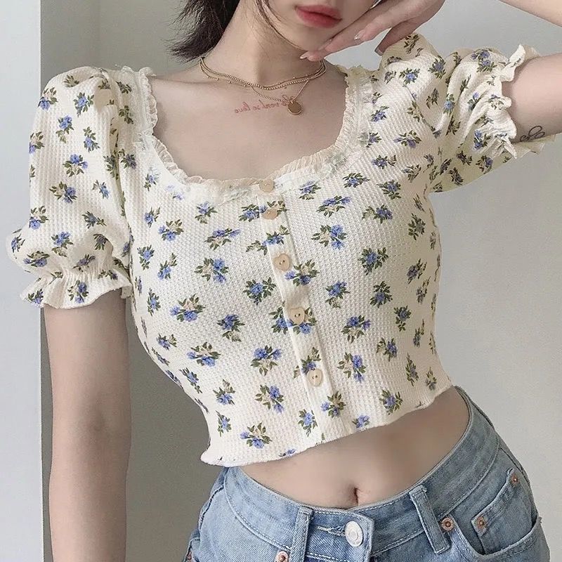 Single-Breasted Square Neck Crop Top with Lace & Puff Sleeves