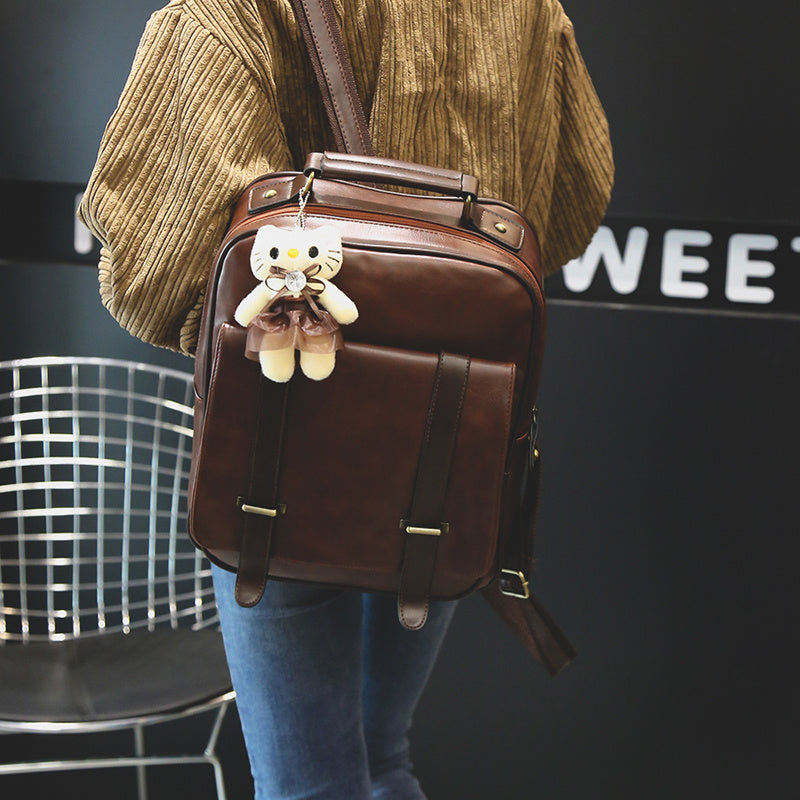 Women's PU Leather Backpack Retro Plain Campus Style