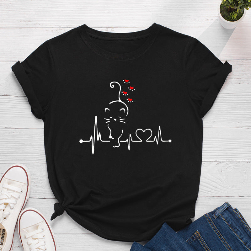 Heartbeat Pattern Printing Loose Round Neck Short Sleeve T-shirt Women